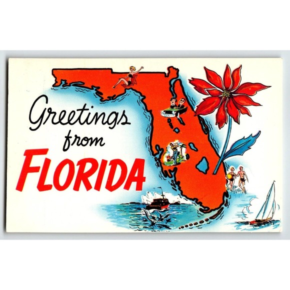 Postcard Greetings From Florida Map Chrome Key West Boats Beach Flower Unposted - Picture 1 of 2